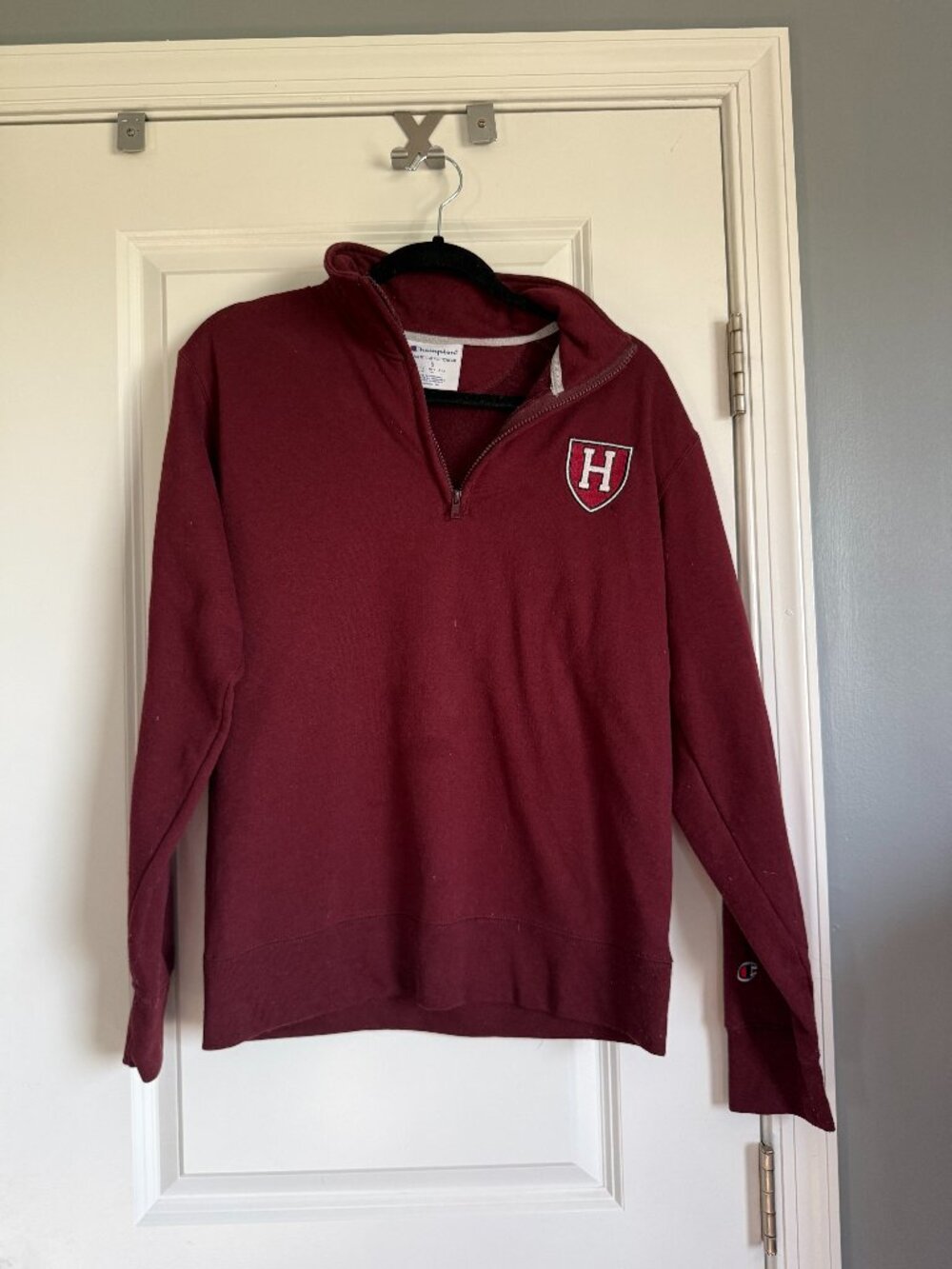 Champion Harvard University Quarter Zip Sweatshirt Maroon Crimson Shield Mens Sm